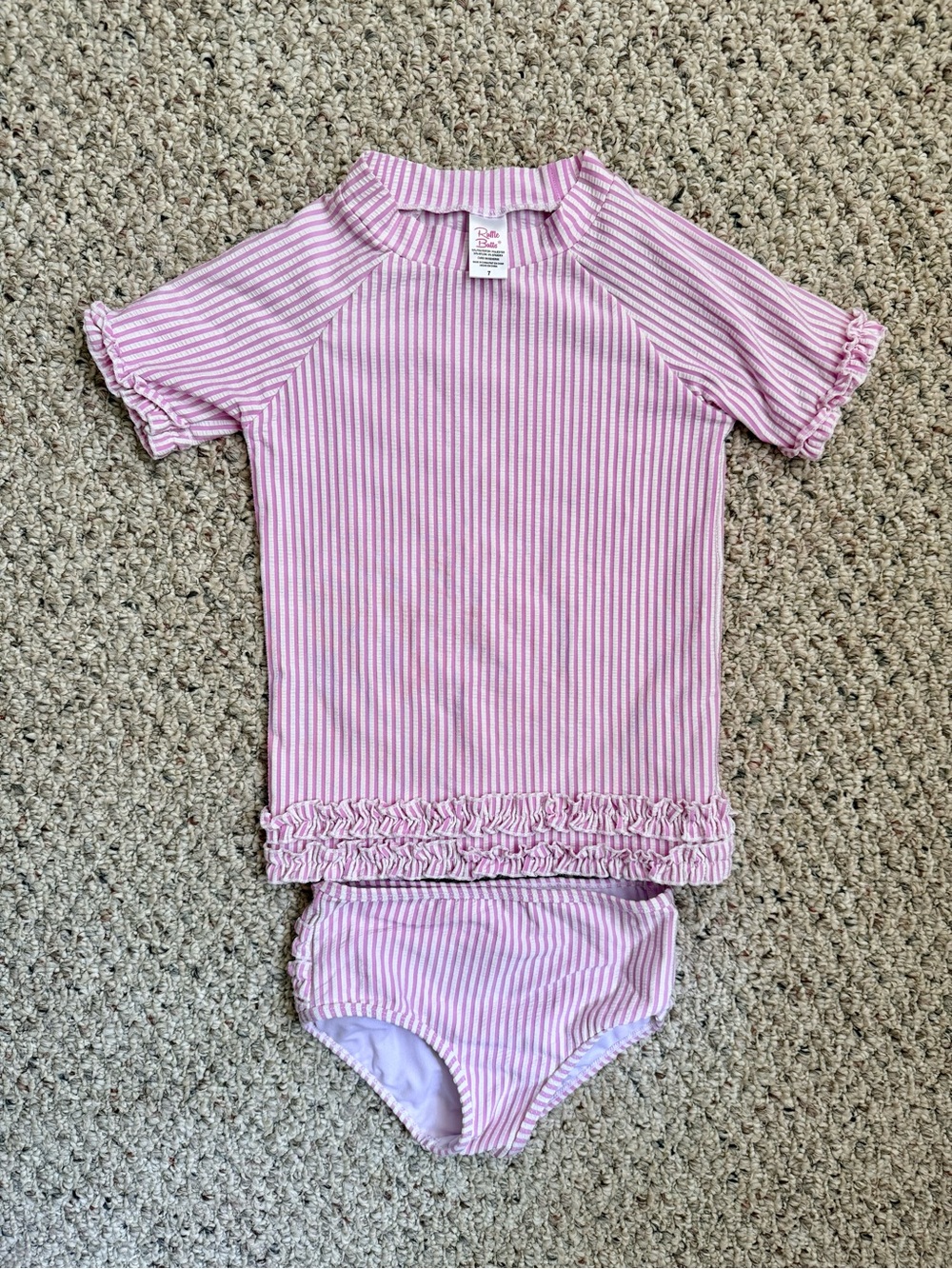 Rufflebutts Girls 7 Pink & White Seersucket Stripe Swim Suit Set